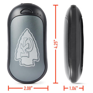 ActionHeat hand warmer with Kansas City Chiefs logo showing dimensions of 4.25 inches by 2.08 inches by 1.06 inches