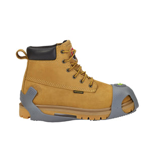 Winter Walking grey rubber ice cleat attachment on a tan waterproof work boot