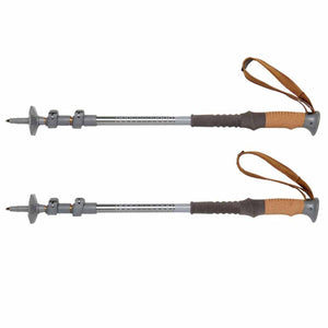 Pair of adjustable trekking poles with cork handles and wrist straps