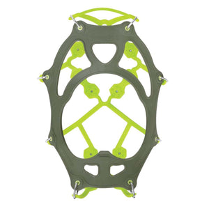 Snowline Hexa Spikes traction device with olive and lime green rubber frame and metal spikes