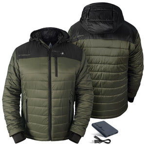 ActionHeat olive green hooded puffer jacket with battery pack and charging cable