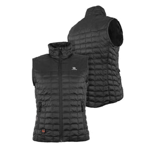 Mobile Warming black quilted heated vest showing front and back views