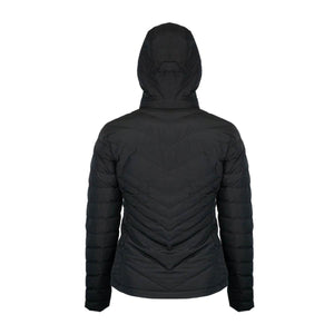 Back view of a black Mobile Warming hooded puffer jacket