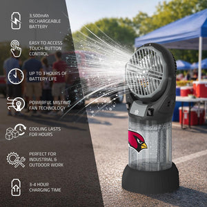 Arizona Cardinals branded Alpha Cool portable misting fan with feature list icons
