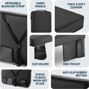 Alpcour stadium seat features including bleacher strap carry handle cushion cup holder side pocket and rubber bottom