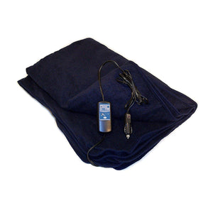 Trillium Worldwide navy blue 12 volt electric fleece blanket with power cord and controller
