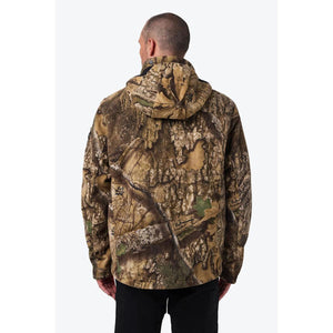 Back view of a Mobile Warming hooded jacket in camouflage pattern