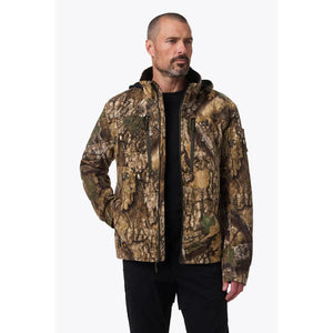 Man wearing a Mobile Warming camouflage hooded jacket