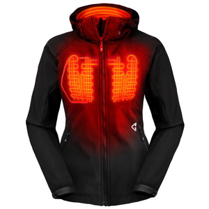 Gerbing womens black heated jacket with visible glowing red heating elements in chest and hood