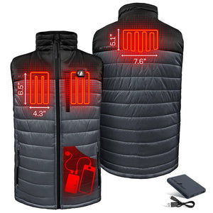 ActionHeat heated vest showing heating element dimensions and battery pack connection