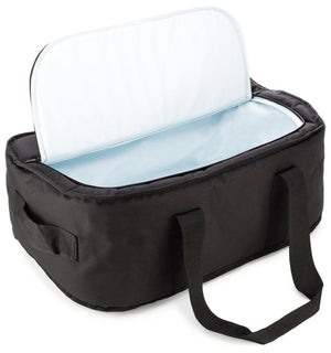 AO Coolers black soft sided cooler bag with open lid showing light blue insulated interior