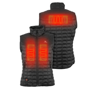 Mobile Warming black quilted heated vest showing front and back heating elements