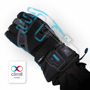 Five gloves black heated glove with Clim8 technology diagram showing heating elements and battery