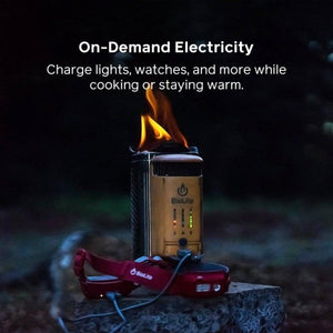 BioLite camp stove with flame and charging headlamp