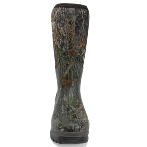 Tall rubber hunting boot with tree bark camouflage pattern