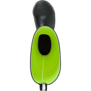 Top view of a black rubber boot with a bright green interior lining
