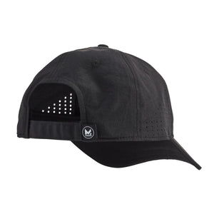 Black Mission baseball cap with perforated side panels and rear strap
