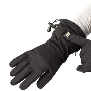 Black heated glove with adjustable wrist toggle and power button