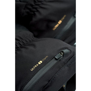Black winter glove with a zippered pocket and Ultra Warm gold text branding