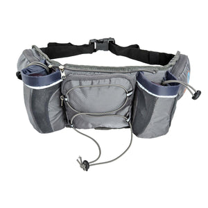 Grey hydration running belt with two bottle holders and zippered storage pockets