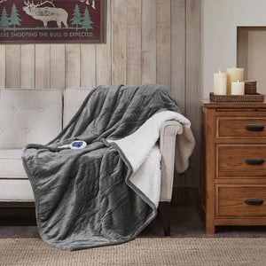 Woolrich grey heated throw blanket with white sherpa lining draped over a sofa