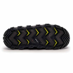 Black Neos boot outsole with chevron tread pattern and yellow accents