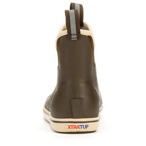 Rear view of olive green Xtratuf ankle boot with pull tab