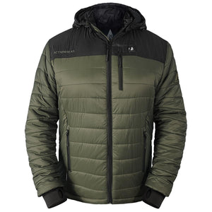 ActionHeat olive green and black hooded puffer jacket with front zipper and chest pocket