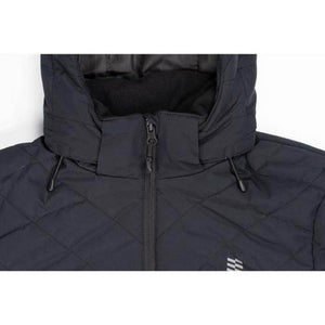 Close up of black quilted Mobile Warming jacket hood and zipper