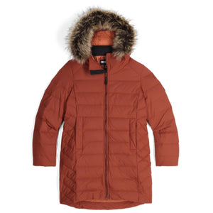 Outdoor Research rust colored hooded puffer parka with faux fur trim