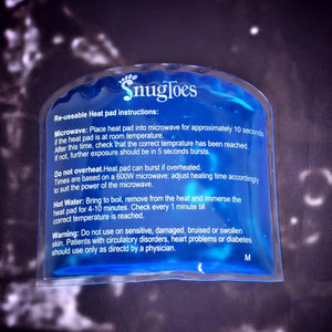 SnugToes blue gel heat pad with printed microwave and hot water heating instructions and safety warnings
