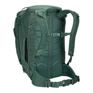 Back view of green Thule backpack showing padded shoulder straps and waist belt