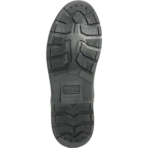 Black rubber treaded sole of a Muck boot