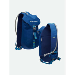 Nathan blue hydration backpack with front and back view