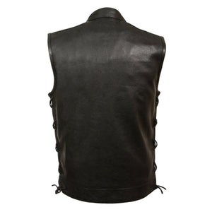 Back view of a Milwaukee Leather black leather vest with side lace detailing