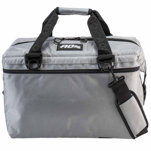 Silver AO Coolers soft sided cooler bag with black handles and shoulder strap
