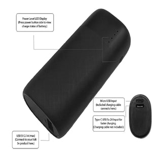 Black portable power bank with labeled LED display and input and output ports