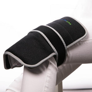 HealthyLine black adjustable wrap secured around a knee