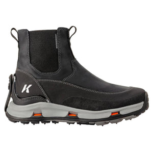 Korkers black waterproof slip on boot with grey midsole and orange accents