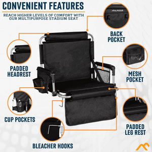 Alpcour stadium seat features including back pocket, mesh pocket, cup pockets, bleacher hooks, and padded leg rest