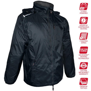 Gerbing black heated jacket with feature icons for 12V power, heating zones, and Microwire technology