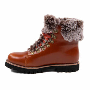 Cloud Nine Sheepskin brown leather lace up boot with faux fur trim and black lug sole