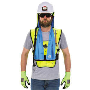 Worker wearing a Chill-Its cooling vest and hard hat with a cooling towel draped around the neck