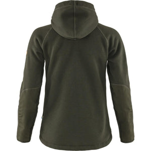 Back view of a dark green Fjallraven fleece hoodie with reinforced elbow patches
