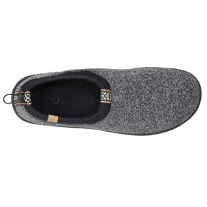 Top view of a grey knit slip on slipper with black trim and patterned pull tab