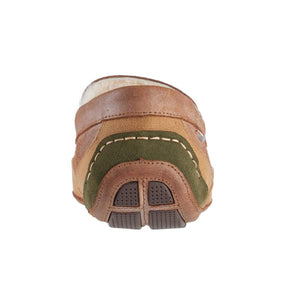 Back view of brown and green suede moccasin slipper with rubber heel patch