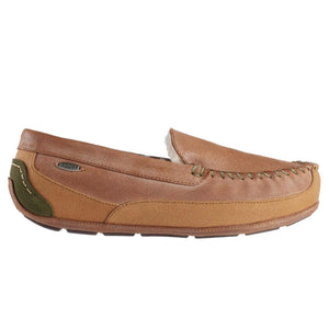 Acorn brown suede moccasin slipper with green heel detail and white lining