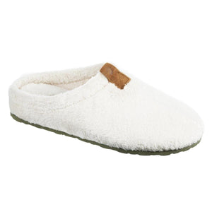 Acorn white plush mule slipper with brown tab detail and green sole