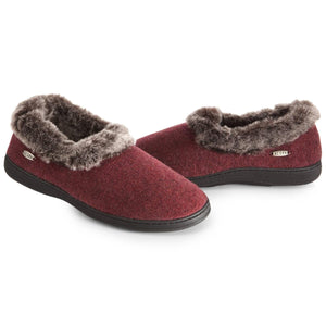 Acorn burgundy felt slippers with faux fur trim and black soles