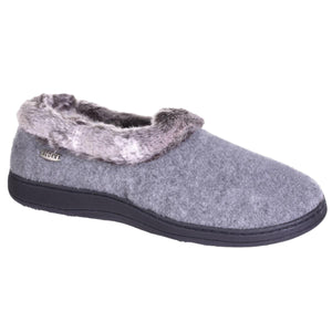 Acorn grey felt slipper with faux fur collar and black rubber sole